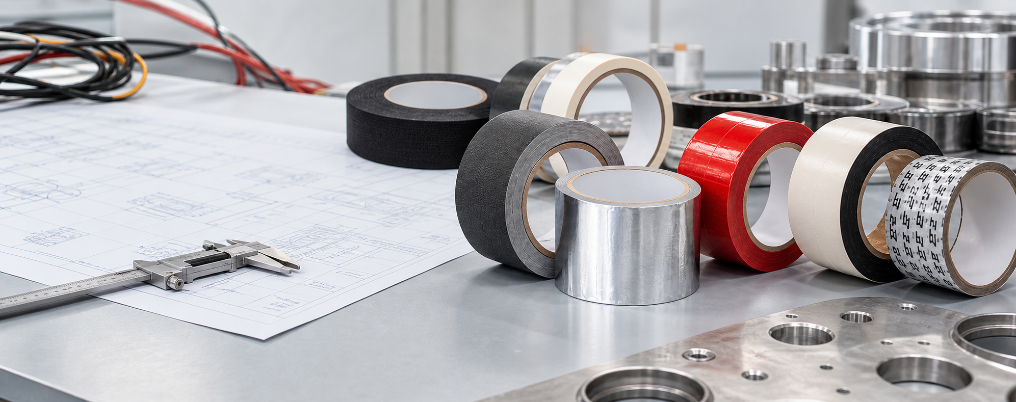 Industrial adhesive tapes on an engineering workbench